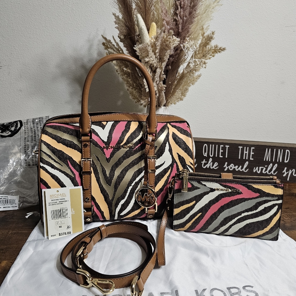 WEEKEND SALE...Michael Kors Medium Bedford Sat and Wallet (Vibrant Zebra Print)